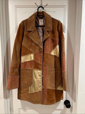 Free People Patchwork Suede Leather Jacket in Brown & Gold